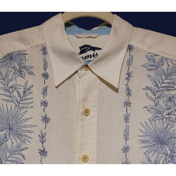 Tommy Bahama Relax Mens Medium Linen Long Slv Button Shirt Ivory w/ Blue Floral - Picture 2 of 6
